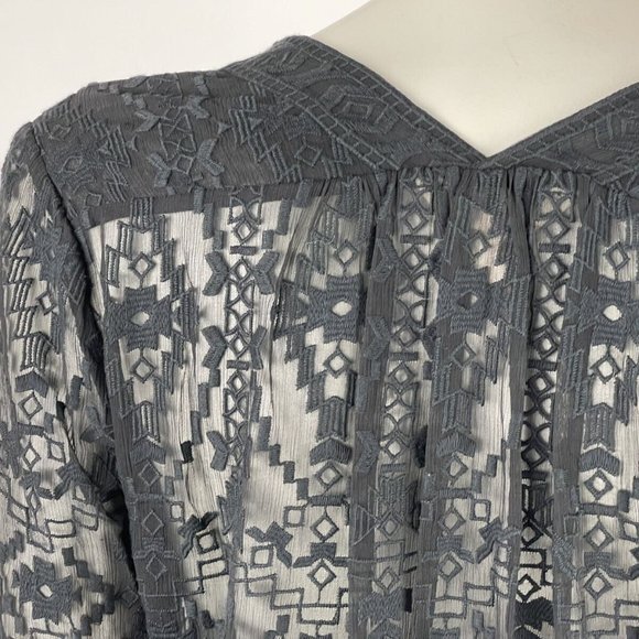 Rebecca Taylor Embroidered Silk Blouse Women 2 EUC V-neck Long Sleeve Sheer Top - Picture 9 of 12